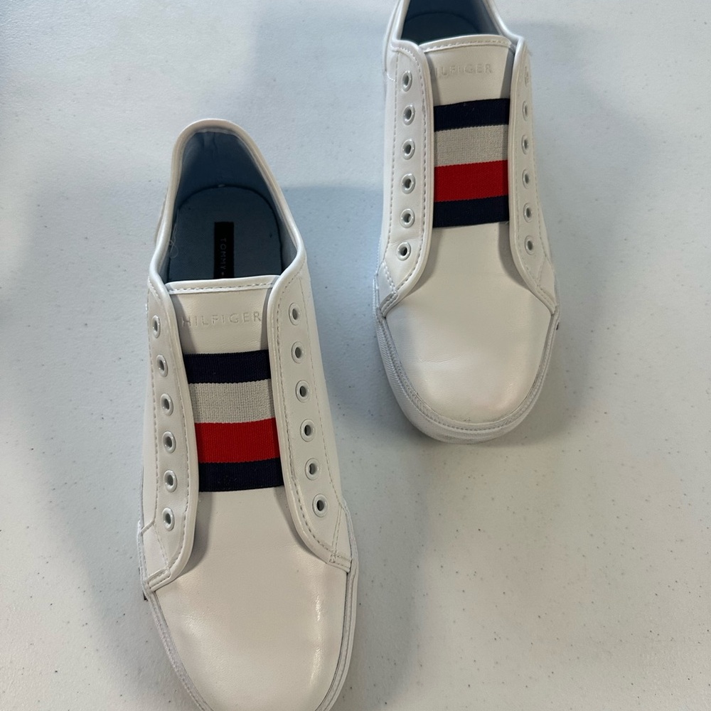 Tommy Hilfiger Women's White Slip-On Sneakers with Red and Blue Stripes